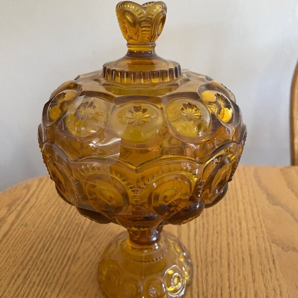 Vintage L.E. Smith Moon & Star Amber Covered Comport - 10” Tall, 1970s - Picture 1 of 10
